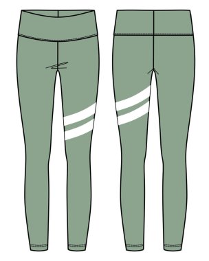 Vektör spor taytları moda CAD, kadın taytı ya da yüksek bel çizimli yoga taytları, parmak izi detaylarıyla moda dairesi, taslak, şablon