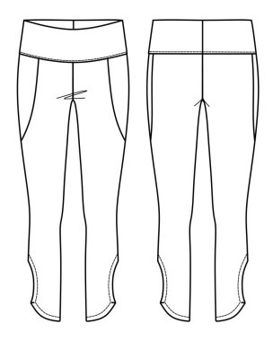 Vektör spor taytları moda CAD, kadın taytı ya da yüksek bel çizimli yoga taytları, parmak izi detaylarıyla moda dairesi, taslak, şablon
