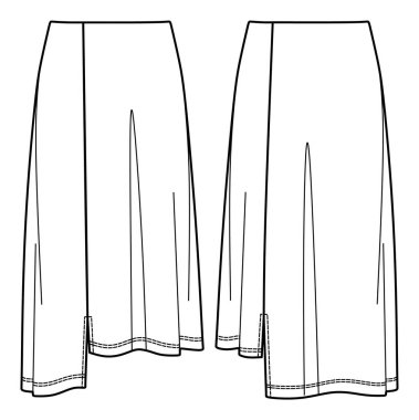 Vector midi etek, yırtık desenli moda, kadın rahat etek, teknik çizim, forma ya da örülmüş kadın alt siluet şablonu, taslak, düz. Ön, arka manzara, beyaz renk, bir şekil