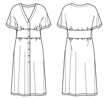 Vektör Midi kısa kollu elbise CAD, kadın uzun yakalı, düğmeli, teknik çizimli, şablonlu, çizimli, düz. Jersey ya da örülmüş kumaş elbise, önü, arkası, beyaz kol