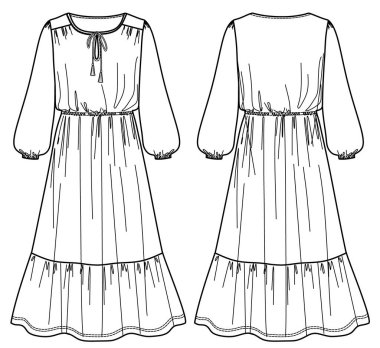 Vector maxi bohem elbise giysisi CAD, boynu kıvrılmış kadın uzun elbise teknik çizim, şablon, taslak, düz model. Jersey ya da örülmüş kumaş elbise, önü, arkası, beyaz renk