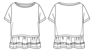 Vektör kısa kollu üst moda CAD, geniş boyunlu, fırfırlı, fırfırlı, teknik çizimli, şablon, çizim, düz bir kadın. Jersey ya da örülmüş kumaş bluz. Önü, arkası, beyaz.