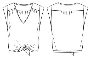 Vektör kolsuz üst moda CAD, kadın v boyun bluzu yay detaylarıyla teknik çizim, düz çizim, taslak, şablon. Jersey ya da örülmüş kumaş tişört. Önü, arkası, beyaz renk.