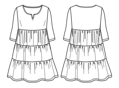 Gönüllü moda elbisesi, vektör çizimi, fırfırlı moda elbisesi geniş yuvarlak boyunlu moda tasviri. Jersey ya da örülmüş kumaş elbise, önü, arkası, beyaz renk