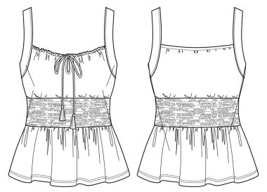 Vektör kolsuz üst moda CAD, önlüklü kadın bluzu teknik çizim, düz çizim, taslak, şablon. Jersey ya da örülmüş kumaş tişört. Önü, arkası, beyaz renk.