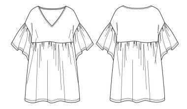 Vektör elbise taslağı, V yaka elbise teknik çizimi, şık kısa kollu kadın CAD, düz, fırfırlı mini elbise. Jersey ya da örülmüş kumaş elbise, önü, arkası, beyaz renk