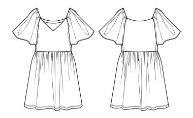 Vektör elbise taslağı, V yaka elbise teknik çizimi, şık kısa kollu kadın CAD, düz, fırfırlı mini elbise. Jersey ya da örülmüş kumaş elbise, önü, arkası, beyaz renk