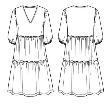 Voluminous maxi moda elbisesi, fırfırlı vektör çizimi, v yaka moda CAD, teknik çizim, düz. Jersey ya da örülmüş kumaş elbise, önü, arkası, beyaz renk
