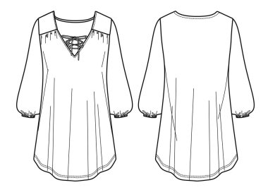 Vektör uzun kollu elbise teknik çizimi, yay detaylı moda CAD 'li kadın mini elbise, uzun kollu çizim, taslak, düz. Önü, arkası, beyaz renkli Jersey elbisesi.