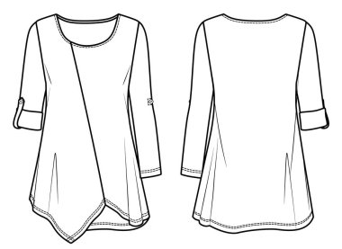 V vektörü boyun asimetrik bluz moda CAD, düğme detaylarıyla, teknik çizim, taslak, düz çizim ile kadın büyük boy üst. Jersey ya da örülmüş kumaş bluz. Önü, arkası, beyaz renk.