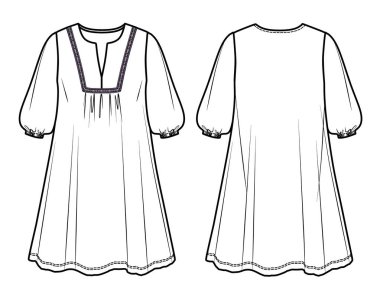 Uzun kollu, modaya uygun bir elbise, dekoratif çizim, taslak, şablon, düz boyunlu kadın elbisesi taşıyın. Jersey ya da örülmüş kumaş elbise, önü, arkası, beyaz renk