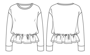 Vector moda taslak eşofman üstü, esnek bel, kadın eşofman üstü teknik çizim, moda CAD uzun kollu ve detay toplayan. Jersey kazağı, önü, arkası, beyaz renk.