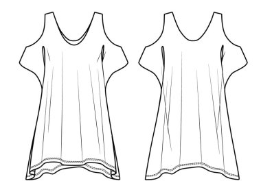 Vektör yaz elbisesi moda CAD, kolsuz kadın şekilli asimetrik kenarlı elbise teknik çizim, şablon, düz, çizim. Jersey ya da örülmüş kumaş elbise, önü, arkası, beyaz renk
