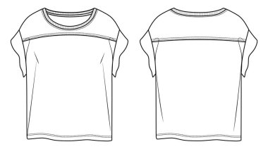Vektör kolsuz, yuvarlak boyunlu, üst moda CAD, kadın omuz bluzu, teknik çizim, düz çizim, çizim. Jersey ya da örülmüş kumaş tişört. Önü, arkası, beyaz renk.