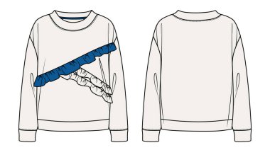 Vector long sleeved oversized top fashion CAD, woman boxy shape turtle neck with frill details sweatshirt technical drawing, template, mock up, flat. Fleece sweatshirt with front, back, white color. clipart