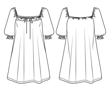 Vektör kısa kollu mini kollu mini elbise teknik çizim, süslü püslü giyinen kadın giyimi moda CAD, taslak, şablon, düz. Jersey ya da örülmüş kumaş elbise, önü, arkası, beyaz renk