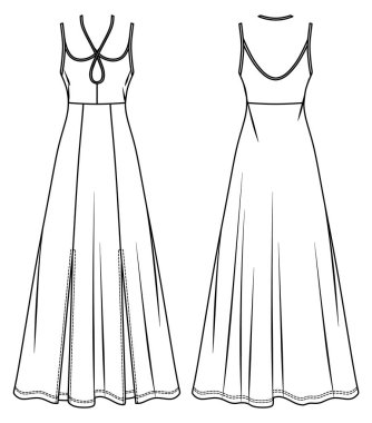 Vector maxi elbise omuz kayışları teknik çizim, yan yarıklı kadın elbisesi ve döngü moda CAD, taslak, şablon, düz. Jersey ya da örülmüş kumaş elbise, önü, arkası, beyaz renk