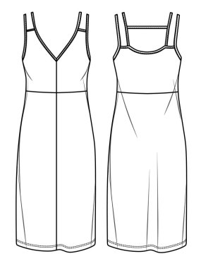 Vektör midi elbise teknik çizimi, omuz bantlı uzun yaz elbisesi moda CAD, V yaka çizimli kolsuz kadın elbisesi, şablon. Jersey ya da örülmüş kumaş elbise, önü, arkası, beyaz