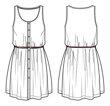 Vektör kadın, yuvarlak yaka elbise, kolsuz mini elbise, kemer ve düğmeler teknik çizim, şablon, düz çizim, taslak. Jersey ya da örülmüş kumaş elbise, önü, arkası, beyaz renk