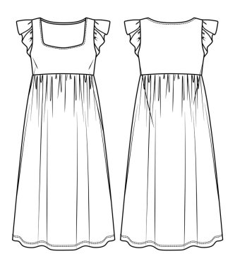 Süslü, fırfırlı bir elbise, kısa kollu, parlak bir elbise teknik çizim, düz çizim, çizim. Jersey ya da örülmüş kumaş elbise, önü, arkası, beyaz renk