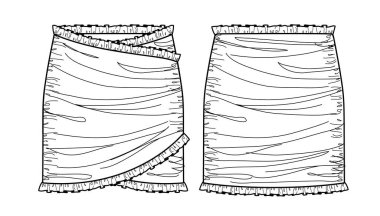 Vektör mini etek moda CAD, süslü, ayrıntılı çizim, şablon, düz, teknik çizim ile sarılı kadın eteği. Jersey ya da örülmüş kumaş etek, önü, arkası, beyaz renk