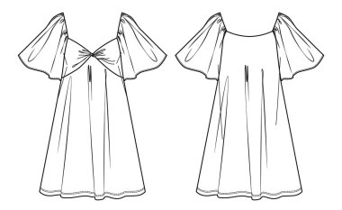 Kare boyunlu mini elbise, kısa kollu kadınlar CAD, düz, düğümlü detay şablonlu mini elbise giyerler. Jersey ya da örülmüş kumaş elbise, önü, arkası, beyaz renk