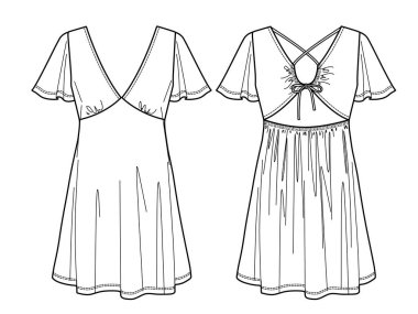 Vektör kısa kollu V yaka mini elbise teknik çizim, süslü püslü moda elbisesi olan kadın giyimi, taslak, şablon, düz. Jersey ya da örülmüş kumaş elbise, önü, arkası, beyaz renk