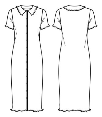 Vektör kadın yaz midi elbise CAD, polo yaka ve düğme çizimli kısa kollu uzun elbise, şablon, düz, çizim. Jersey ya da örülmüş kumaş elbise, önü, arkası, beyaz renk