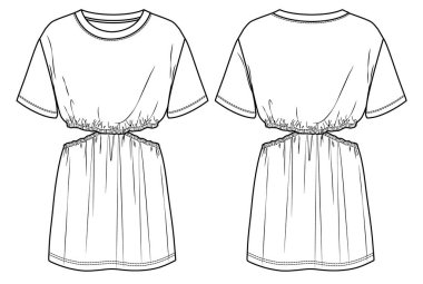 Vector yuvarlak boyunlu kısa kollu elbise CAD, bel resmi, taslak, şablon, düz, rahat formda mini elbise. Jersey ya da yün kumaştan önü, arkası, beyaz renk.