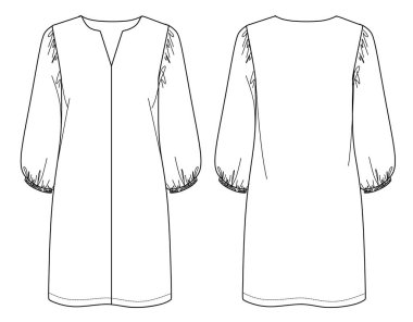 Vektör uzun kollu elbise, moda CAD, V yakalı balon kollu kadın elbisesi teknik çizim, şablon, düz. Jersey ya da örülmüş kumaş elbise, önü, arkası, beyaz renk