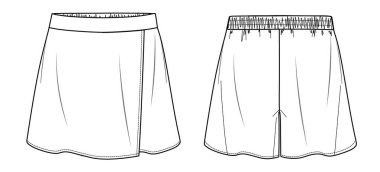 Vektör mini etek kısa moda, kadın şortu, elastik bel çizimi, şablon, düz, teknik çizim. Jersey ya da dokuma kumaştan önü, arkası, beyaz renkli.
