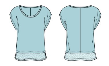 Vektör kısa kollu bluz moda CAD, dantel detay çizimli kadın forması teknik çizimi, yaz yuvarlak boyun tişörtü çizimi, şablon. Jersey ya da dokuma kumaş kaplama, önde, arkada, beyaz renk