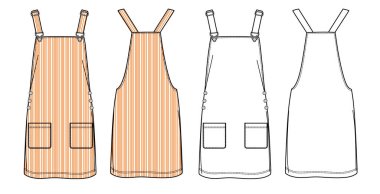 Vektör Dungaree elbise moda CAD, çizgili, pürüzsüz desenli mini elbise teknik çizim, şablon, düz çizim, taslak. Jersey ya da örülmüş kumaş elbise, önü, arkası, beyaz renk