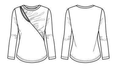 Vector round boyun uzun kollu üst moda CAD, kadın kışlık tişört teknik çizimi, üst kısmı fırfırlı ve kesilmiş detay düz, şablon, çizim. Önü, arkası, beyaz renkli Jersey bluzu.