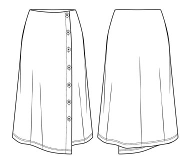 Tahta aksesuarlı vektör sarılı etek. Teknik çizim, şablon, düz çizim. Maxi etek moda CAD fırfırlı ve düğmeli detaylar. Jersey ya da örülmüş kumaş etek. Önü, arkası, beyaz.