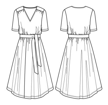 Vektör kısa kollu Maxi elbise moda CAD, kemer çizimi, şablon, düz, çizim, taklit. Jersey ya da önü, arkası, beyaz renkli dokuma elbise