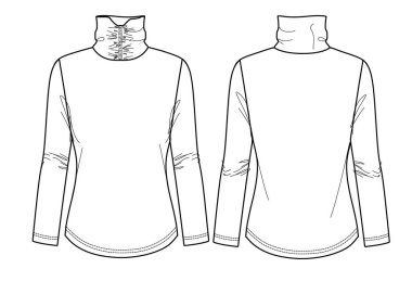 Vektör kaplumbağa boynu uzun kollu tişört moda CAD, fırfırlı detaylarıyla kadın üstte teknik çizim, taslak, düz çizim, maket. Jersey ya da kaburga kumaşından önü, arkası, beyaz renkli.