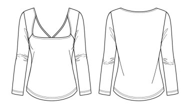 Vektör kare yaka uzun kollu üst moda CAD, kadın kışlık tişört teknik çizimi, üst kısmı düz, şablon, taslak, maket. Önü, arkası, beyaz renkli Jersey bluzu.