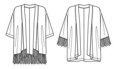 Tassel desenli uzun kollu bir ceket. Yazlık kadın kimonosu. Fringe teknik çizimi, şablonu, düz çizimi. Jersey ya da dokuma kumaş kimonosu. Önü, arkası, beyaz renk.