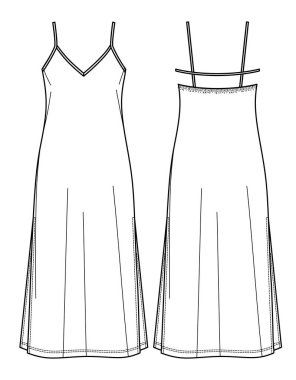Vector maxi elbise omuz kayışları teknik çizim, V yaka elbise açık moda CAD, taslak, şablon, düz. Jersey ya da örülmüş kumaş elbise, önü, arkası, beyaz renk