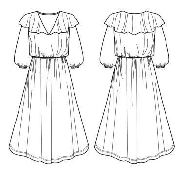 Vector maxi bohemian elbise CAD, V yakalı, yakalı, uzun yakalı, teknik çizim, taslak, taslak, düz, model. Jersey ya da örülmüş kumaş elbise, önü, arkası, beyaz