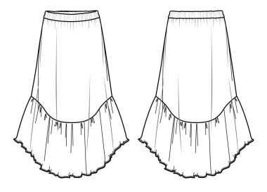 Vektör bohem stili kadın etek giysisi CAD, uzun kadın eteği elastik kemer çizimi, taslak, şablon, düz. Jersey ya da örülmüş kumaş maksi etek, önü, arkası, beyaz kol