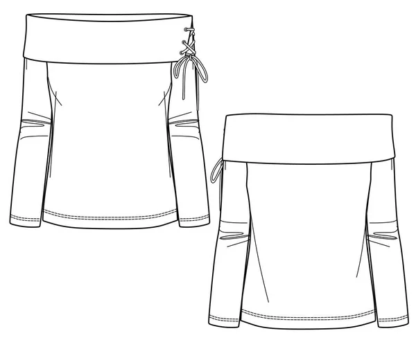 Vector Γυναικεία Μπλούζα Μόδας Cad Top Sketch Shoulder Μπλούζα Λεπτομέρειες — Διανυσματικό Αρχείο