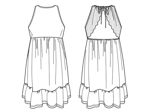 Vektör Yaz Elbisesi Taslak Dantelli Giysi Teknik Çizim Şablon Cad — Stok Vektör