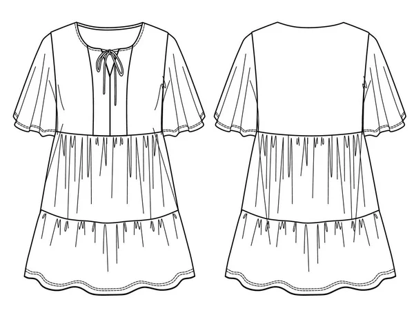 Baju Mini Voluminous Gaun Trendi Dengan Sketsa Frills Vector Gaun - Stok Vektor