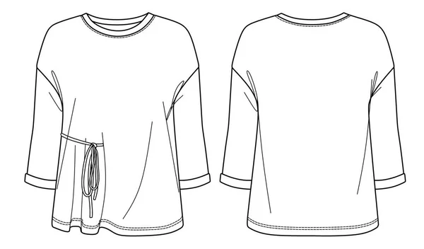 목둥근 블라우스 Cad 스케치 템플릿 모조품 앞모습 뒷모습 흰색으로 블라우스 — 스톡 벡터