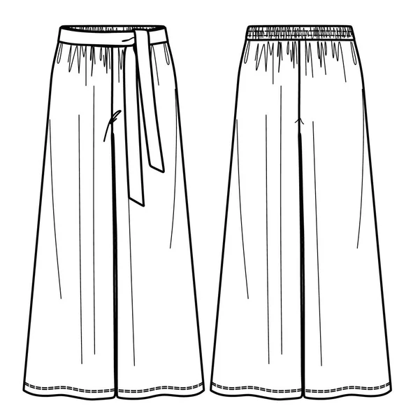 Geniş Bacak Pantolonları Moda Cad Kemer Çizimi Taslak Şablon Düz — Stok Vektör