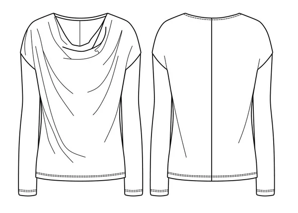 Vektör Uzun Kollu Shirt Moda Cad Kadın Kayık Boyunlu Üst — Stok Vektör