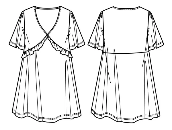 ベクトル形状ファッションドレスCad 女性の夏のドレス技術的な図面 プラスサイズドレススケッチ テンプレート — ストックベクタ