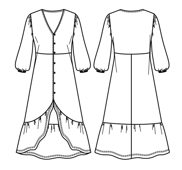 Vector Maxi Boho Robe Technique Dessin Femme Robe Manches Longues — Image vectorielle